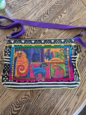 Laurel Burch Purple Strap Colorful Dog Tails Patchwork Medium Crossbody Bag